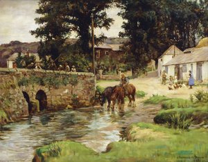 Abbeverare i cavalli nel ruscello del villaggio da Stanhope Alexander Forbes