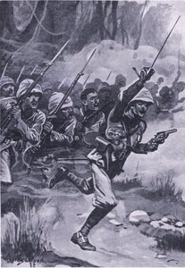 Carica britannica contro gli Ashanti ad Amoaful, 31 gennaio 1874, illustrazione da British Battles on Land and Sea, 1915 da Stanley L. Wood