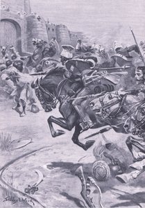 I 16º Lancieri e il Cavallo di Skinner spingono i Jat a Bharatpur; dicembre 1825, illustrazione da British Battles on Land and Sea, 1915