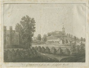 Chiesa e villaggio di Shenstone: incisione ad acquatinta, 1792 da Stebbing Shaw