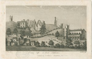 Castello e chiesa di Tutbury - Vista sud-est: incisione da Stebbing Shaw