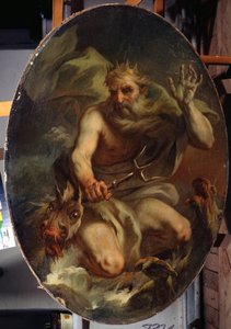 Nettuno con una corona e un tridente rappresentato con mostri marini