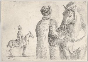 Un valletto polacco, visto da dietro, che tiene le briglie di un cavallo a destra, un cavaliere polacco..., ca. 1662 da Stefano della Bella