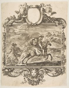 Un cavaliere e una dama a cavallo, entro un bordo ornato decorato con frutta e c..., ca. 1655 da Stefano della Bella