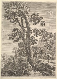 Un pescatore al centro rivolto a sinistra e appoggiato a un grande albero, una donna che cammina..., ca. 1652-57 da Stefano della Bella