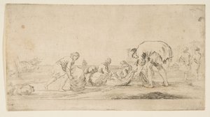 Un pescatore che porta le sue reti, un uomo a sinistra che spinge un balla a destra, due seduti..., ca. 1662