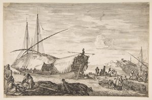 Una galea coperta di vele a sinistra, sei cannoni e quattro persone in primo piano a sinistra, 1655 da Stefano della Bella