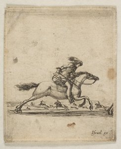 Un cavaliere con spada in mano che galoppa verso destra, altri cavalieri che galoppano da Stefano della Bella