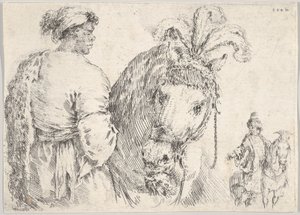 Un uomo a sinistra di profilo che dà una manciata di fieno a un cavallo al centro, un cavaliere a destra, ca. 1662