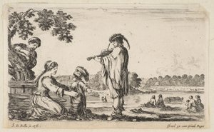 Un uomo che suona il violino al centro, rivolto verso sinistra in profilo, una donna seduta a ..., 1649 da Stefano della Bella