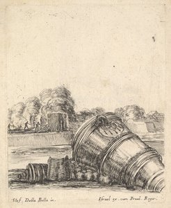 Un mortaio senza carro sdraiato a destra, soldati che sparano canno..., ca. 1638-43 da Stefano della Bella
