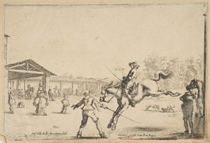 Una scuola di equitazione, un cavaliere con spada che salta diretto da un altro uomo con spada da Stefano della Bella