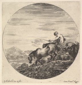Un pastore a destra, rivolto a sinistra, che guida un gruppo di animali in discesa, ca. 1643-48 da Stefano della Bella