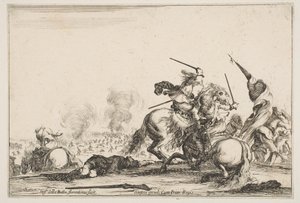 Uno scontro, due cavalieri che combattono con le spade a destra, uomini che portano una bandiera corrono..., ca. 1645