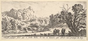 Una cascata che scende dalle montagne sullo sfondo centrale, vari animali, ca. 1641 da Stefano della Bella