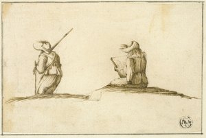 Artista che disegna e soldato, entrambi visti di spalle