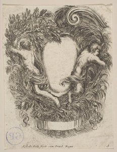 Cartiglio incorniciato da Apollo e Pan da Stefano della Bella