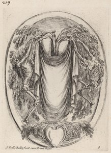 Cartiglio a forma di drappo sospeso da un cipresso fiancheggiato da scheletri, 1647 da Stefano della Bella