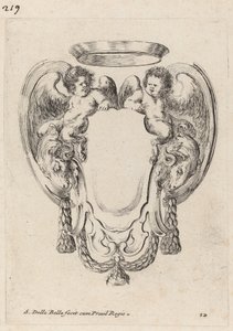 Cartiglio con arieti e satiri infanti