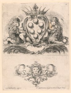 Stemma del Granduca di Toscana: ornamento con una maschera di leone, n. 6 da "Raccolta di varii cappriccii et nove inventioni di cartelle et ornamenti" da Stefano della Bella