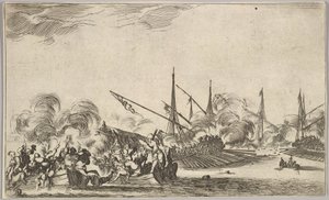 Combattimento tra diverse barche a remi e navi, due gruppi di uomini in barche a remi che combattono a sinistra..., 1639 da Stefano della Bella