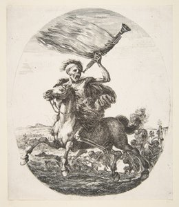 Morte a cavallo che tiene una tromba, da Le cinque morti da Stefano della Bella