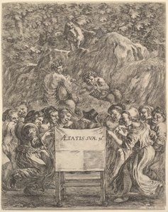 Frontespizio per Le Opere di Scarron, il poeta seduto su una sedia, 1649 da Stefano della Bella