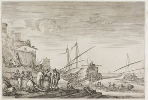 Vedute del porto di Livorno: Case che si affacciano su un porto da Stefano della Bella