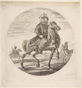 Cavaliere ungherese che cavalca verso destra, altri cavalieri sullo sfondo, un circo..., ca. 1651 da Stefano della Bella