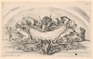 Lunetta con stemmi, n. 13 da "Raccolta di varii cappriccii et nove inventioni di cartelle et ornamenti" da Stefano della Bella