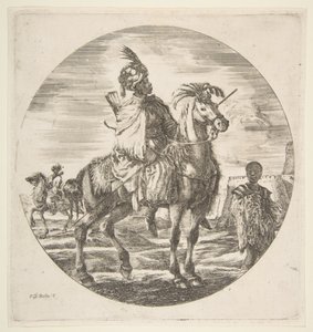 Cavaliere moresco di profilo rivolto a destra, uno schiavo nero che tiene una pelliccia a destra, ca. 1651 da Stefano della Bella