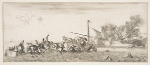 Battaglia navale, una barca a remi piena di persone che combattono con moschetti a sinistra, persone che affogano..., ca. 1641 da Stefano della Bella