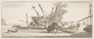 Combattimento navale, una nave al centro, vista da dietro, che spara a quattro navi nemiche, ca. 1641 da Stefano della Bella