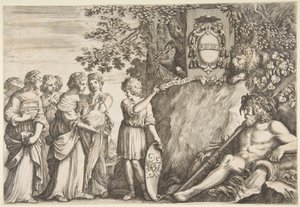 Disegno ornamentale per una tesi, stemma degli Strozzi in alto, ca. 1660 da Stefano della Bella