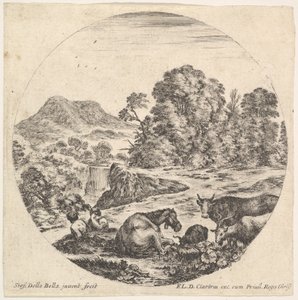 Tavola 10: un cavallo sdraiato al centro, una mucca e due capre a destra, due seduti..., ca. 1643-48 da Stefano della Bella