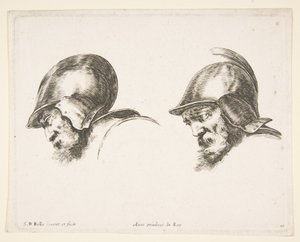 Due teste di vecchi soldati con elmi, entrambi rivolti a sinistra e guardando in basso, ca. 1641 da Stefano della Bella
