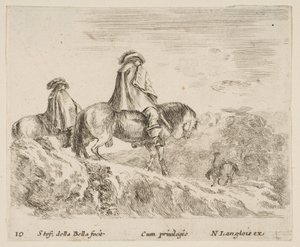 Tavola 10: due cavalieri che scendono da una montagna a sinistra, un altro cavaliere a destra da Stefano della Bella