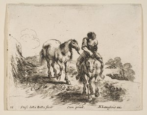 Tavola 11: un giovane cavaliere, visto di fronte, che conduce un altro cavallo, da Diversi...