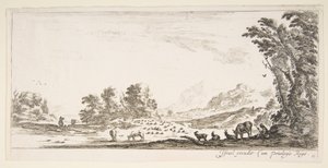 Tavola 11: pastorella seduta a destra sotto un albero, osservando il suo gregge a sinistra, ca. 1641 da Stefano della Bella