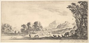 Tavola 11: pastorella seduta a destra sotto un albero, osserva il suo gregge a sinistra, ca. 1641 da Stefano della Bella