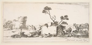 Tavola 12: un disegnatore seduto a sinistra, un pastore in piedi accanto a lui a destra, rovine, ca. 1641 da Stefano della Bella