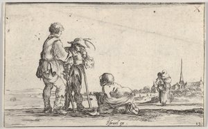 Piatto 13: due contadini in piedi a sinistra, un zoppo inginocchiato a terra al centro