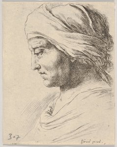 Piatto 16: testa di un vecchio di profilo con un panno legato intorno alla testa, da The B..., ca. 1649 da Stefano della Bella