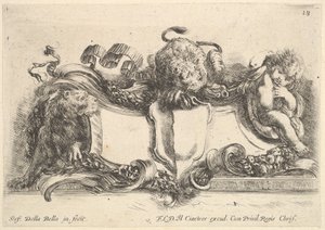 Tavola 18: un cartiglio contenente uno stemma vuoto, due leonesse, una a sinistra e una al centro, 1646 da Stefano della Bella