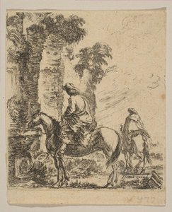 Piatto 19: Paesaggio con un cavaliere che abbevera il suo cavallo a una fontana, da Vari fi..., ca. 1646 da Stefano della Bella