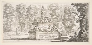 Un monumento con statue e uno stemma al centro, un disegnatore su... da Stefano della Bella