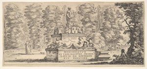 Tavola 1: un monumento con statue e uno stemma al centro, un disegnatore su th..., ca. 1641 da Stefano della Bella