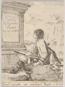 Tavola 1: un giovane seduto su una pietra, rivolto a sinistra in profilo, con un blocco da disegno, 1650 da Stefano della Bella