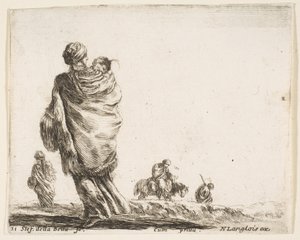 Tavola 21: una povera donna a sinistra, vista da dietro, avvolgendo il suo bambino in uno scialle, ca. 1644-47 da Stefano della Bella