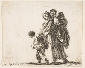 Piatto 22: una mendicante con tre bambini, uno sulle spalle da Stefano della Bella